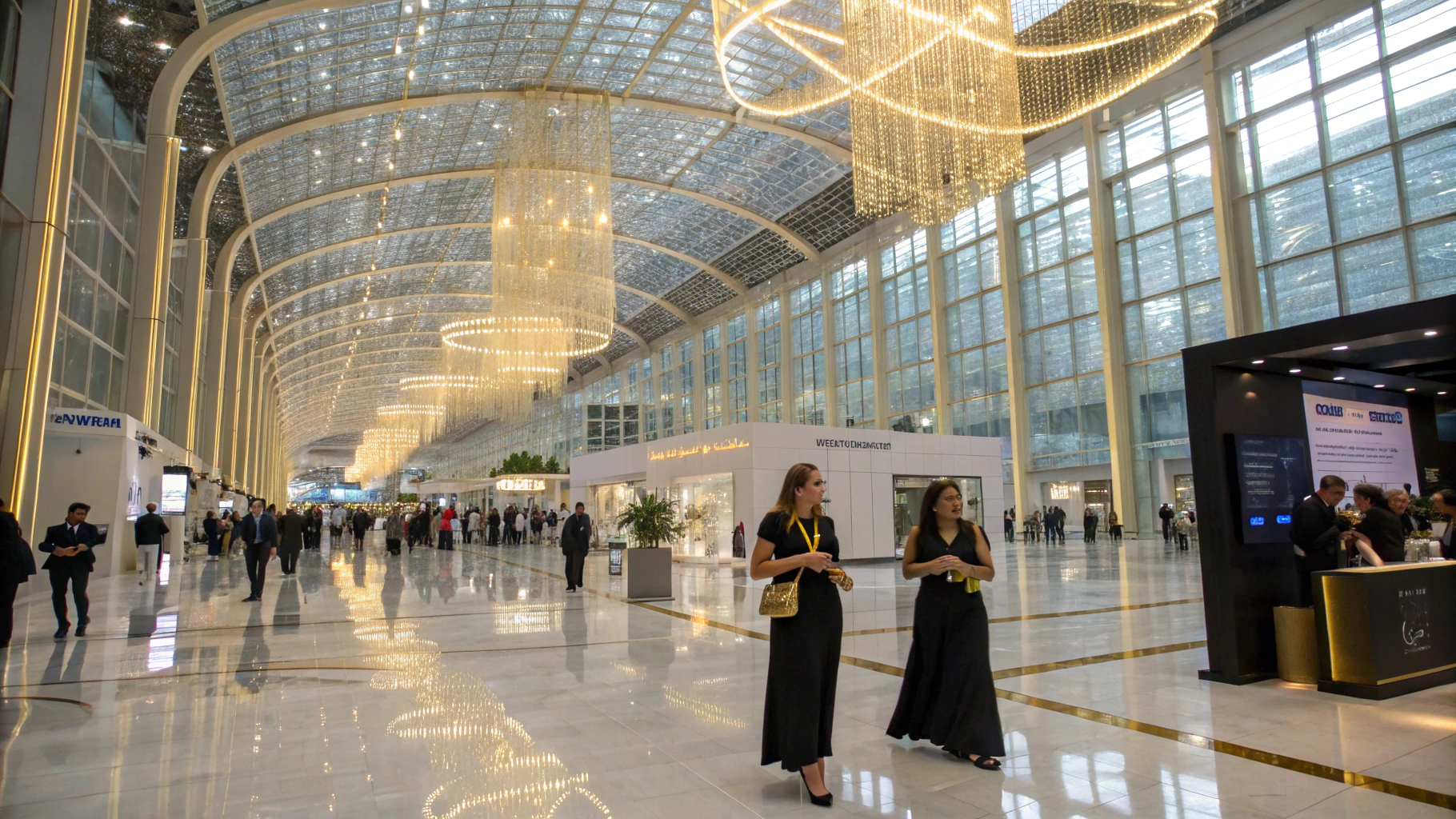 Contemporary seasonal installation with warm lighting arches in Dubai Design District
