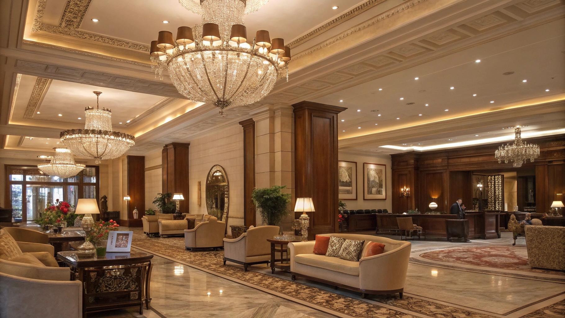 Hotel lobby interior showcasing cascading Christmas fairy lights and glass baubles
