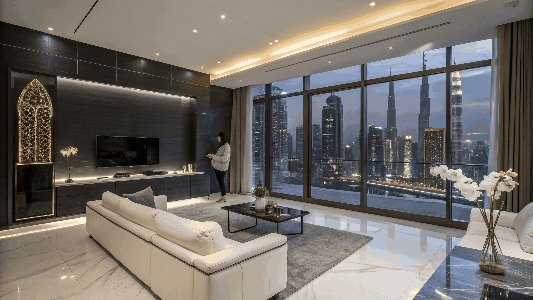 Illuminated luxury Christmas tree in a modern Dubai Marina penthouse living room