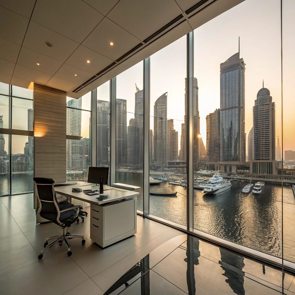Refined corporate festive arrangement with brushed brass decor in a DIFC executive lounge