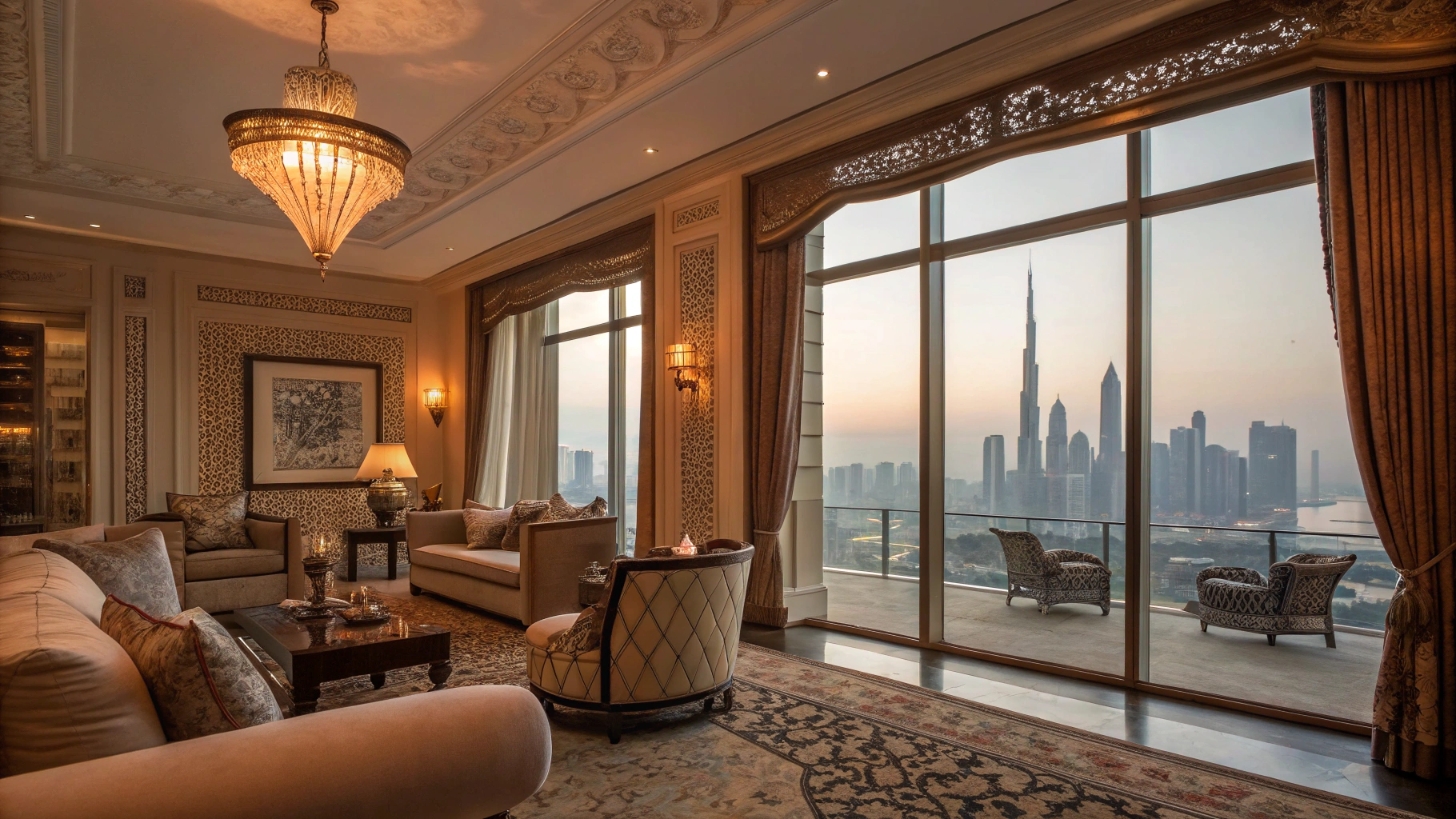 Wide interior view of a Downtown Dubai penthouse dining space adorned with overhead cedar holiday greenery and velvet accents