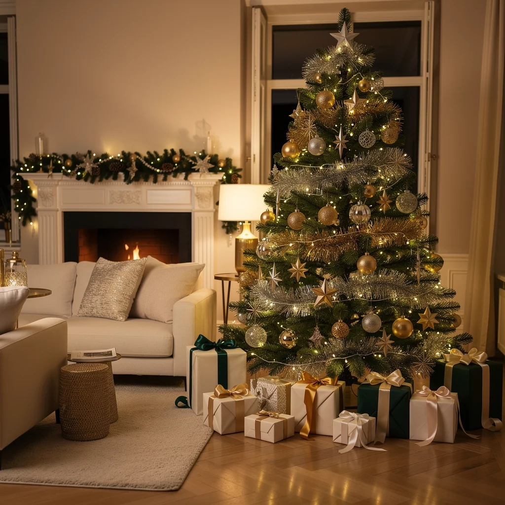 Artisan fireplace mantle dressed in natural pine garlands, berries, and candlelight in Emirates Hills