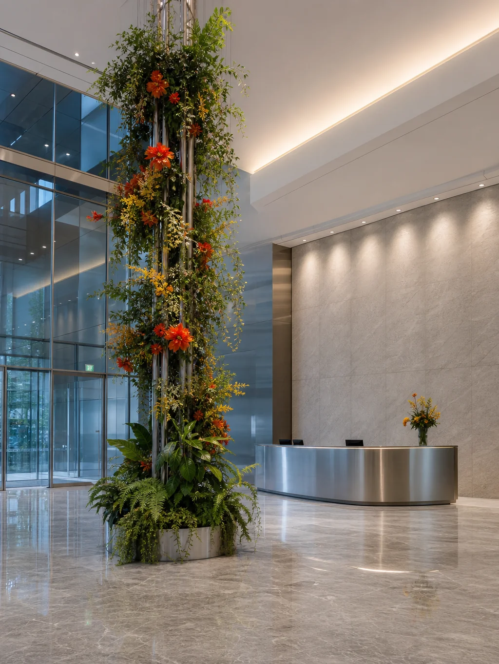 Minimalist warm gold festive installation in Business Bay corporate reception lobby