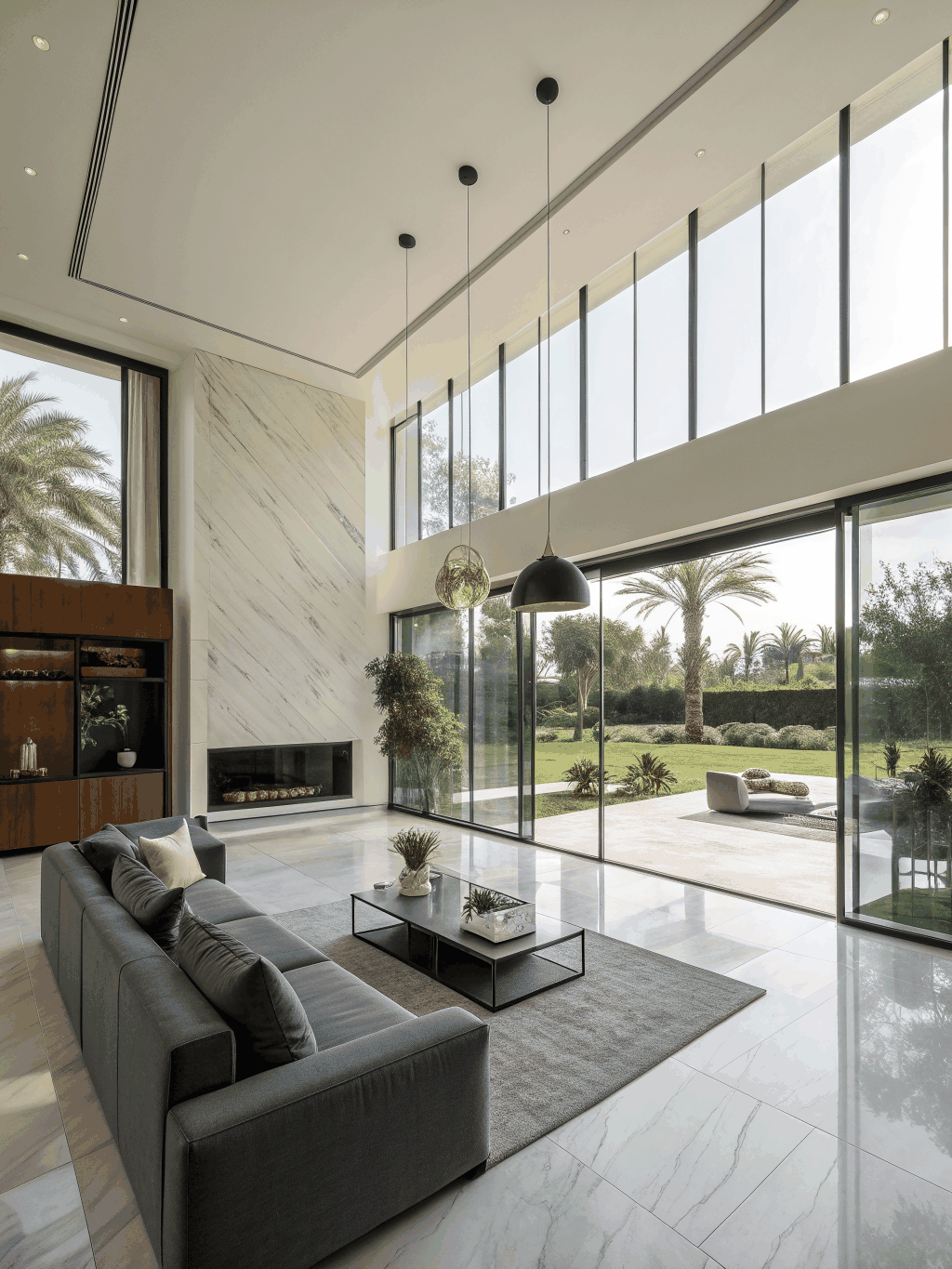 Festive holiday styling with glowing fireplace and evergreen garland in luxury Dubai villa